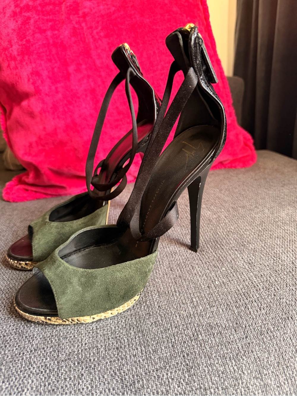 Giuseppe Zanotti Olive Green Suede High Heel Peep-Toe Sandals